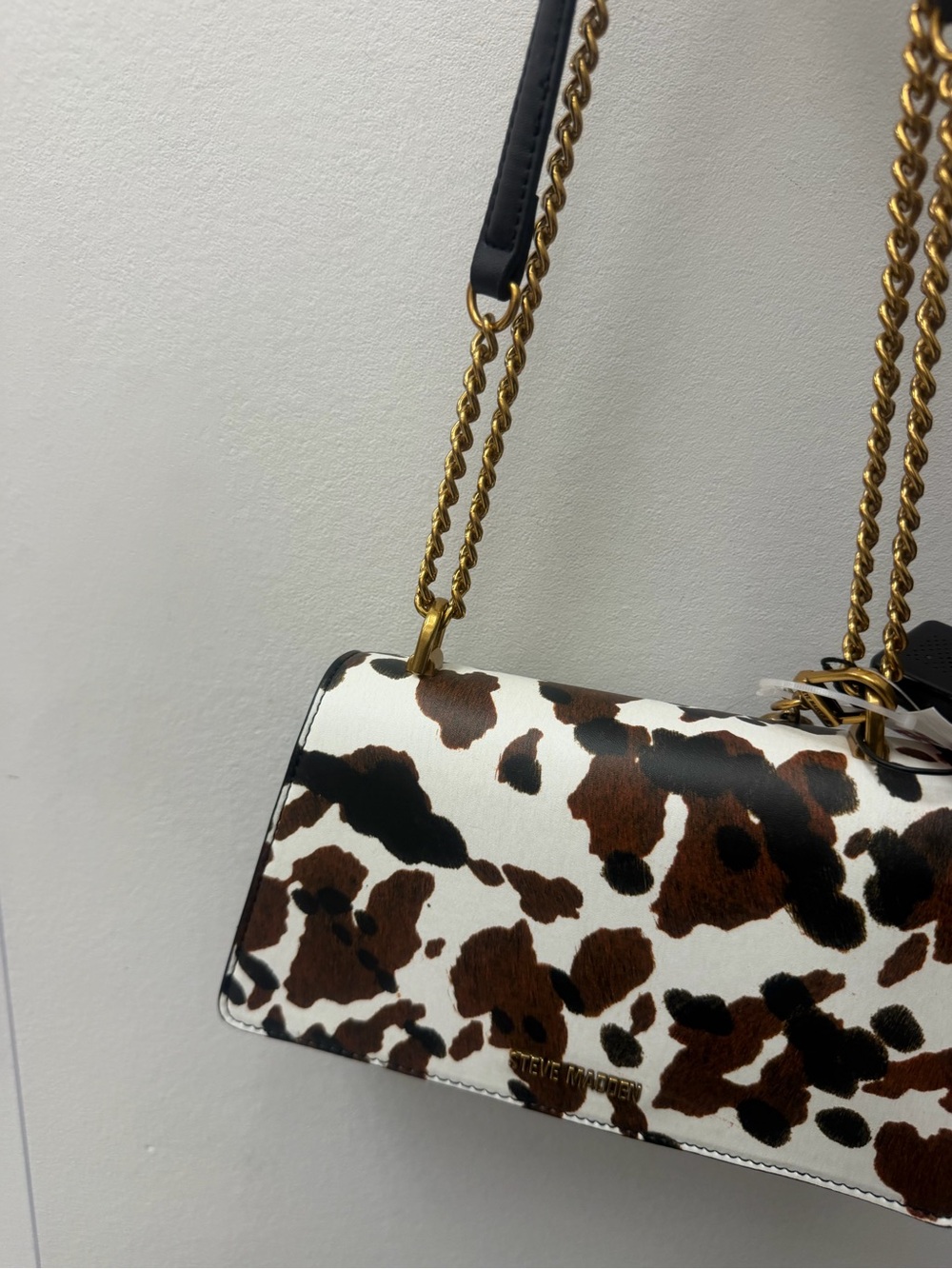Steve Madden White Cow-Print Crossbody with Brown & Black Spots